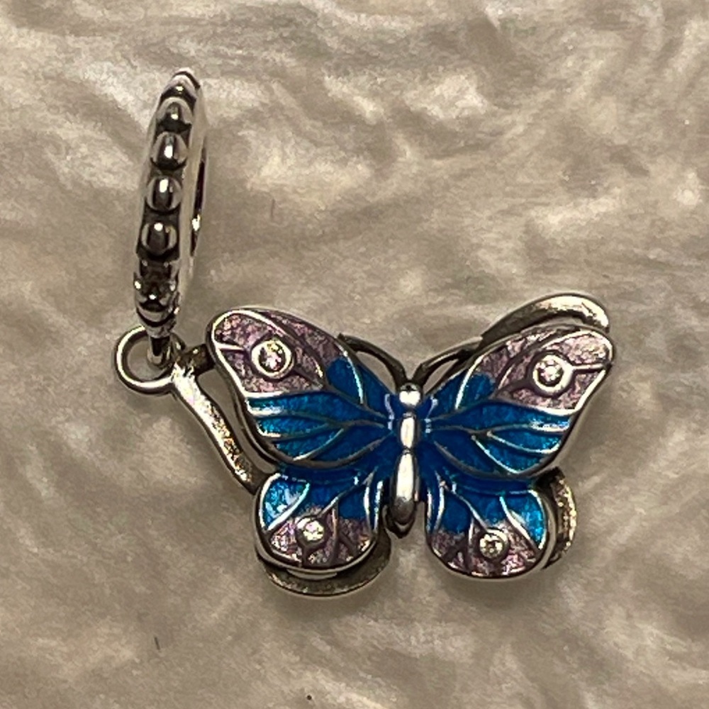 Bracelet Charm Butterfly Blue & Lavender with Rhinestones Sterling Silver